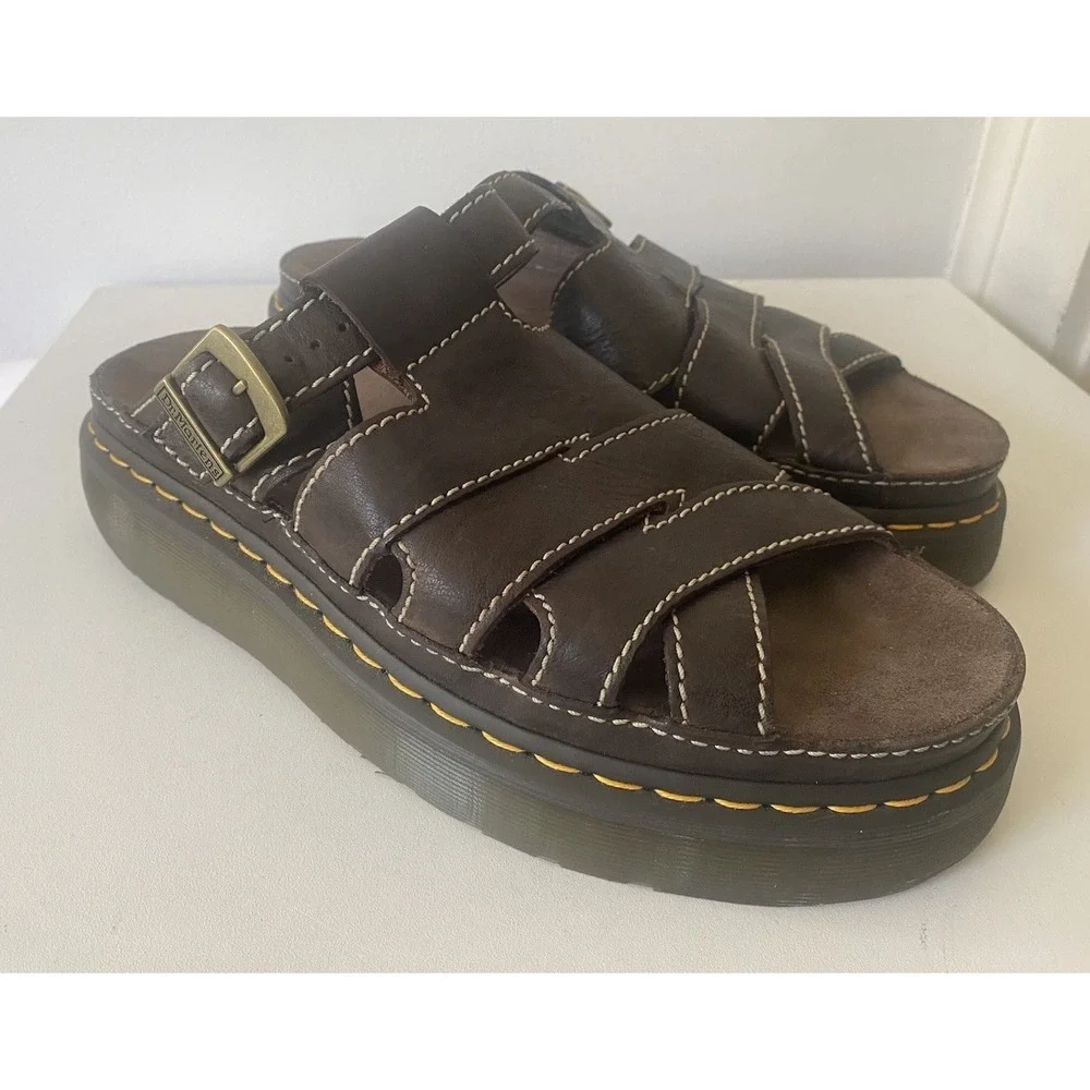Dr. Martens Maxxy Slide Mens 12 Brown Leather Platform Buckle Sandals